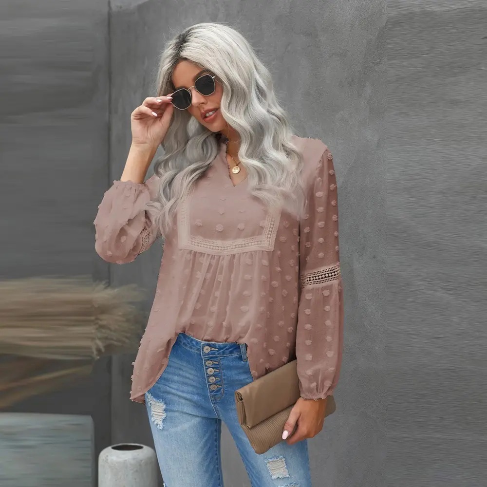 Women Sheer Romance Blush Swiss Dot Long Sleeve Top
